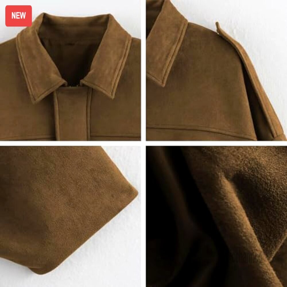 Oversized Faux Suede Bomber Jacket Lapel Streetwear Chic Casual Outerwear - Picture 5 of 7